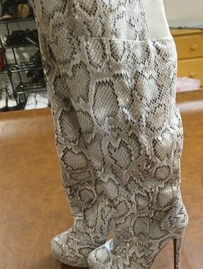Stiletto Knee Boots in Snake Print - Neutral Tones